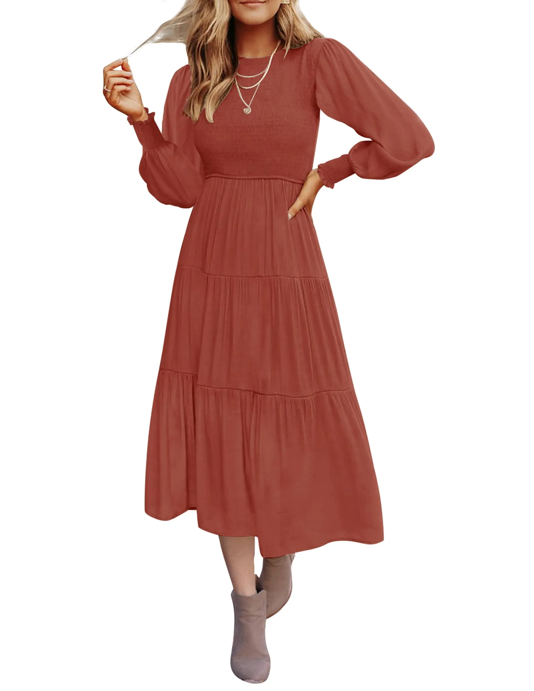 ZESICA High Waist Smocked Flowy Tiered Midi Dress
