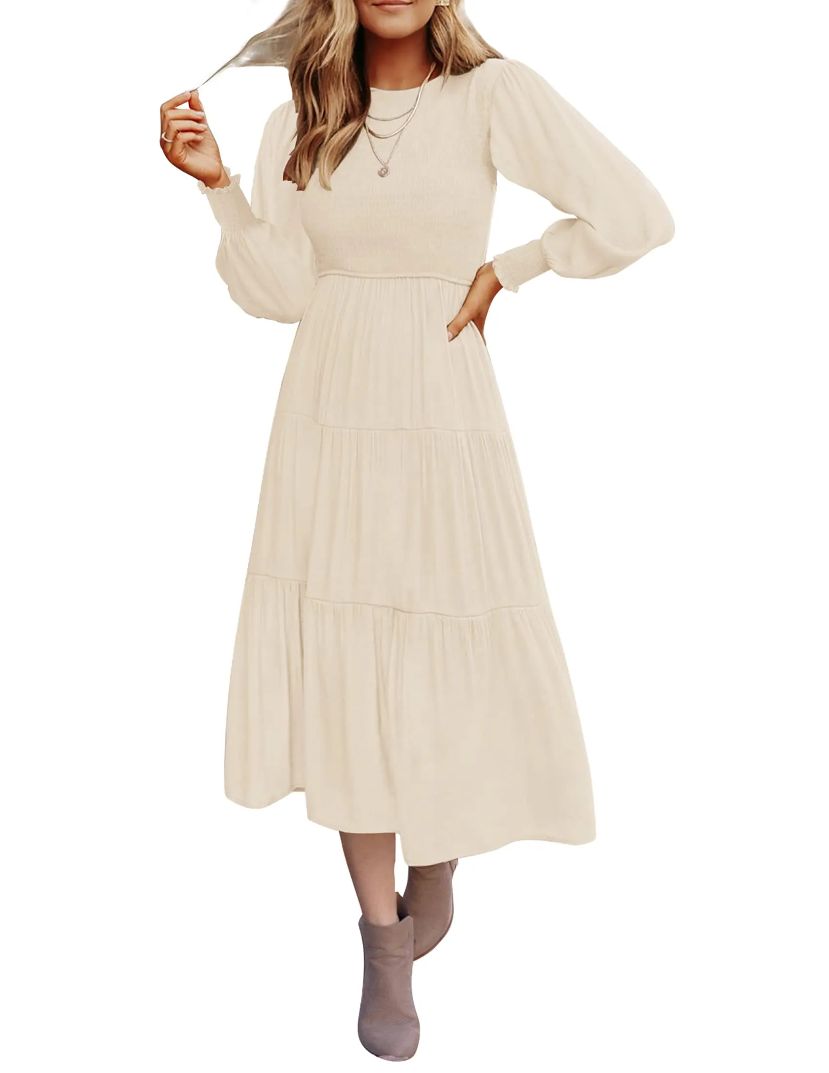 ZESICA High Waist Smocked Flowy Tiered Midi Dress