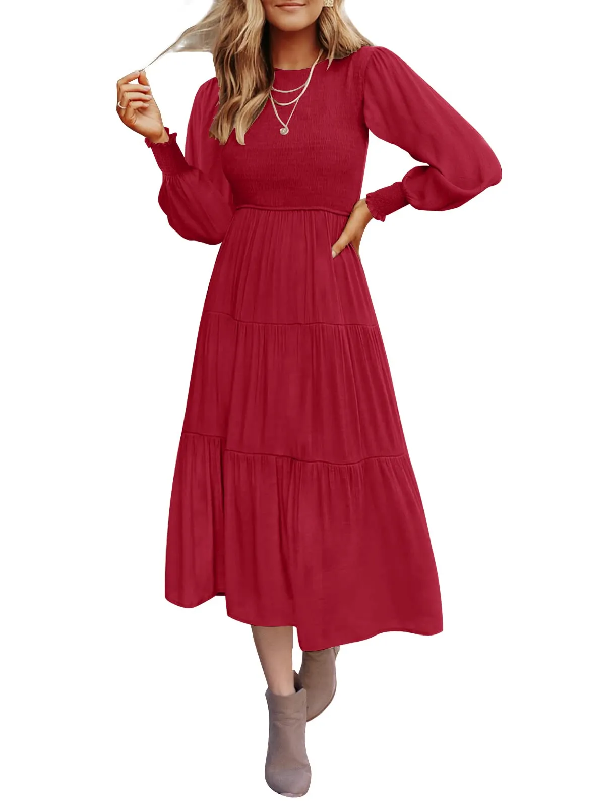 ZESICA High Waist Smocked Flowy Tiered Midi Dress