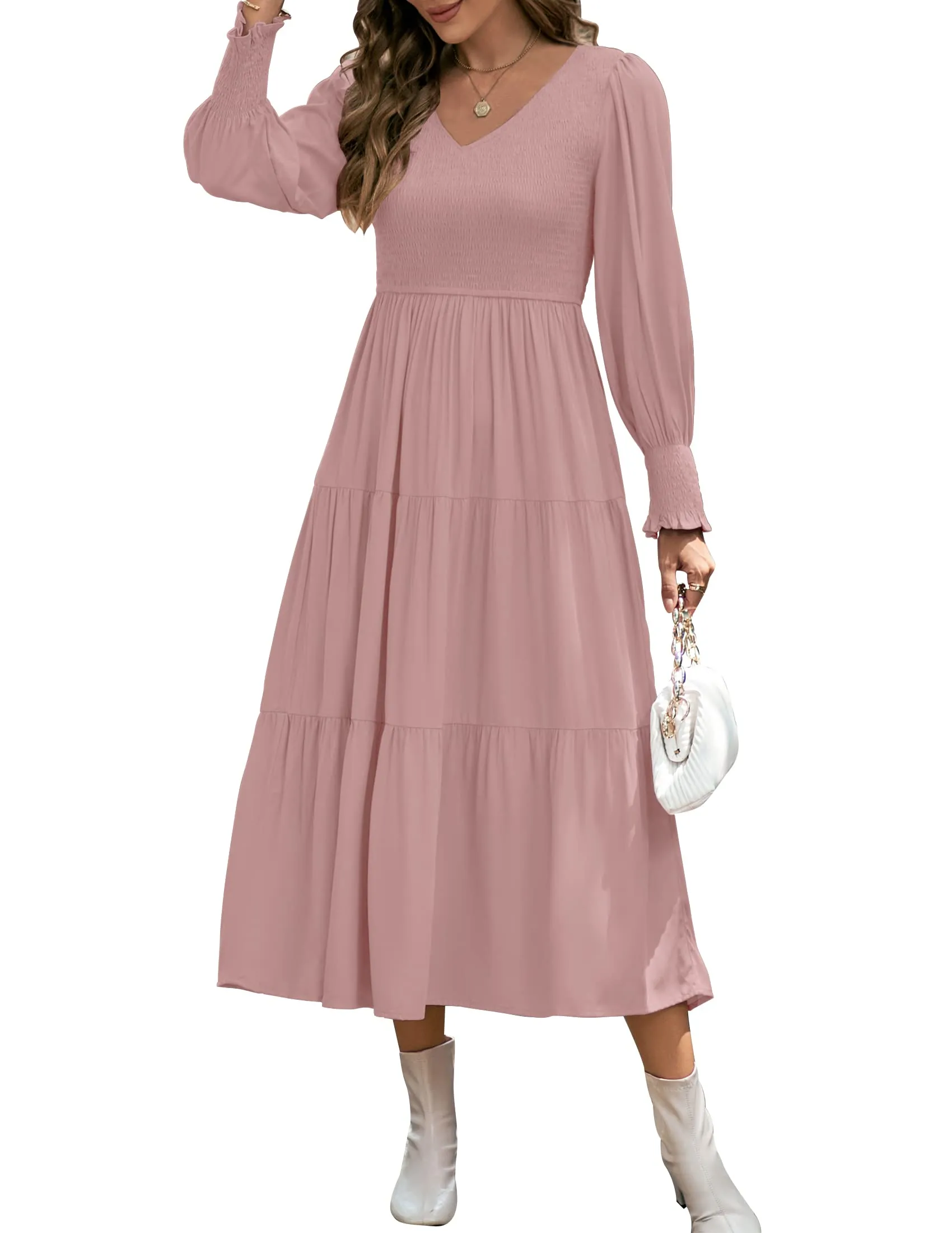 ZESICA High Waist Smocked Flowy Tiered Midi Dress