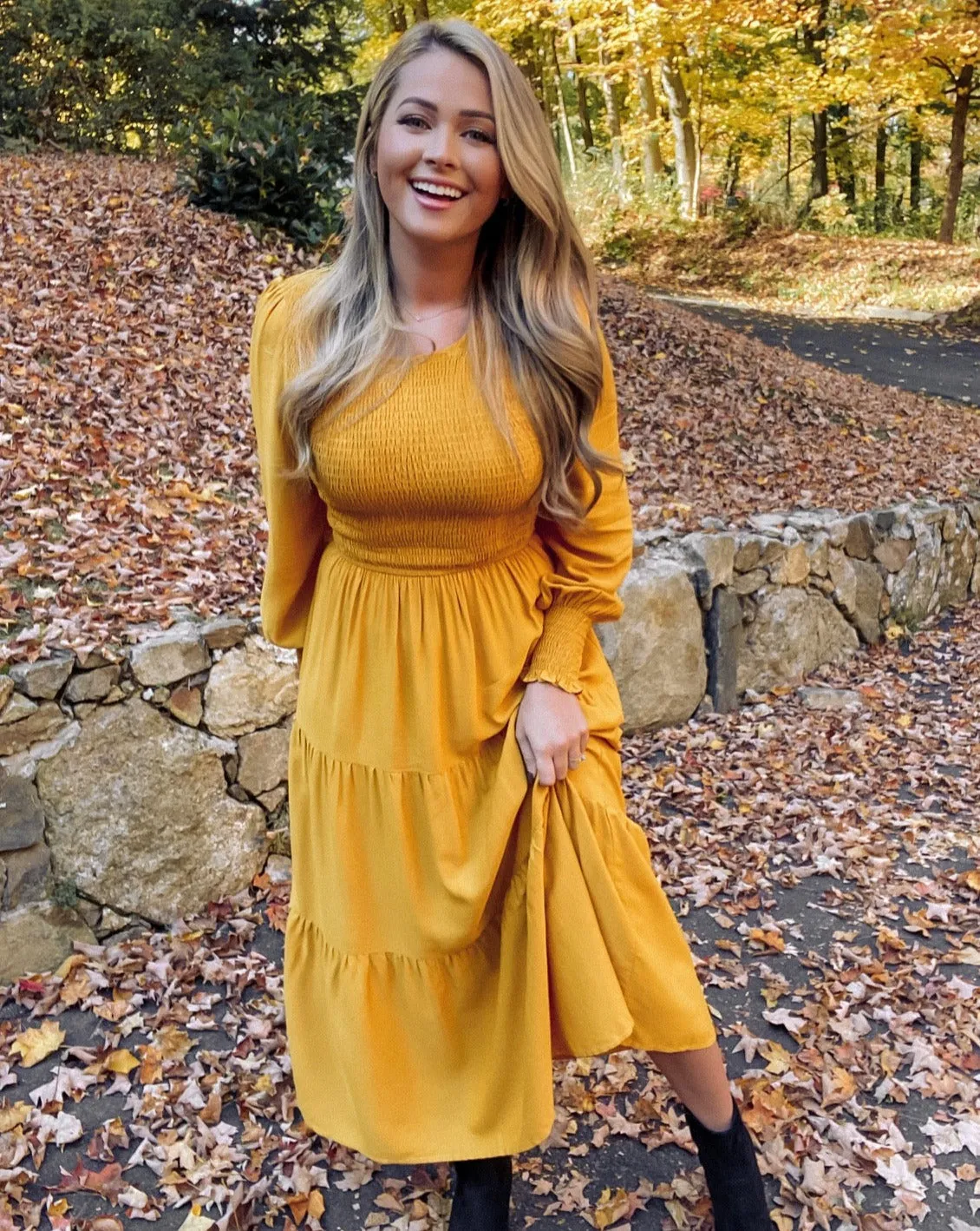 ZESICA High Waist Smocked Flowy Tiered Midi Dress