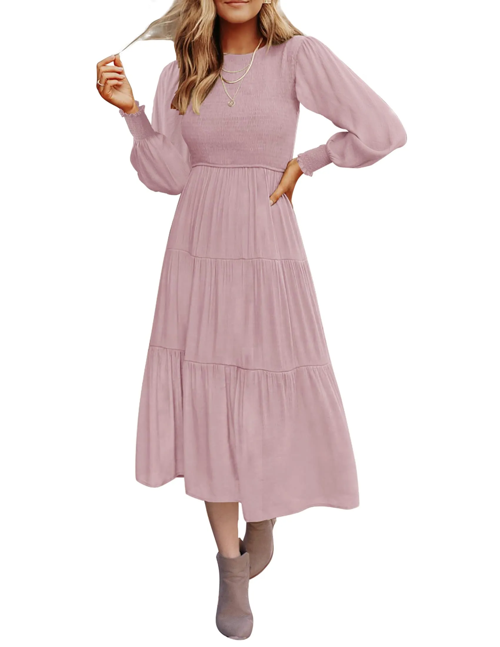ZESICA High Waist Smocked Flowy Tiered Midi Dress