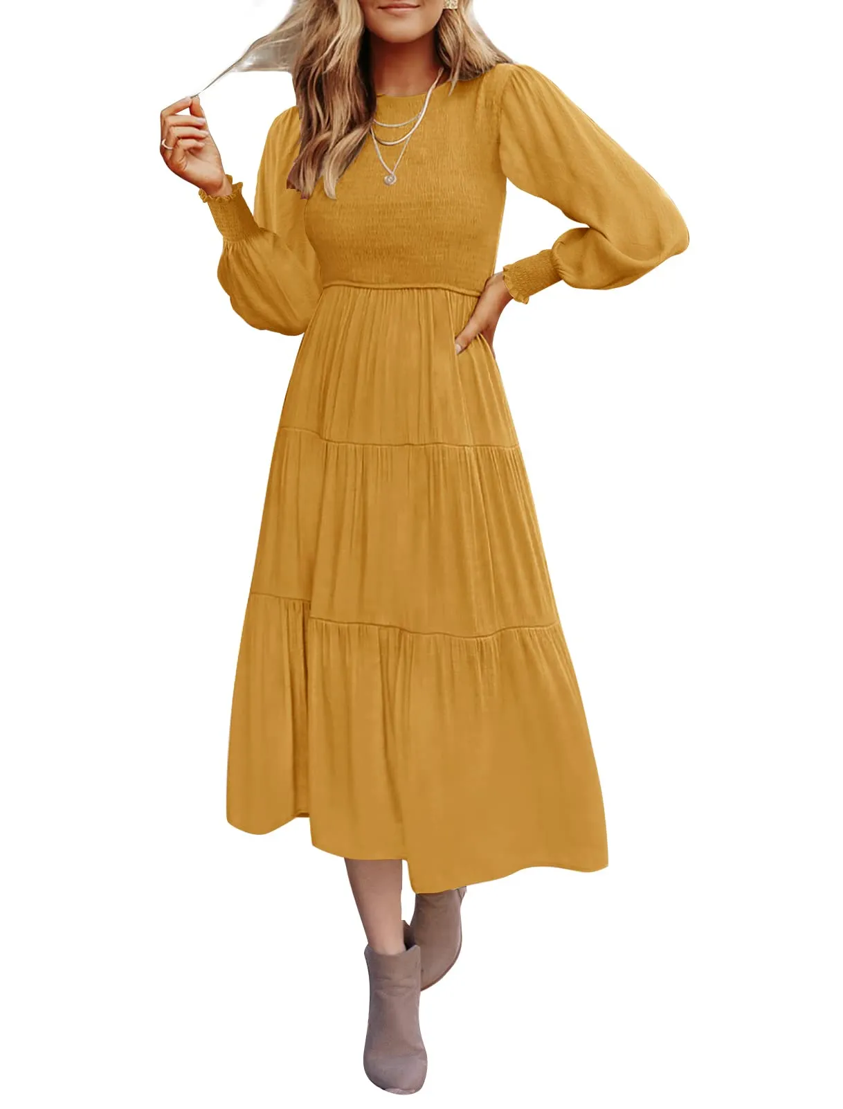 ZESICA High Waist Smocked Flowy Tiered Midi Dress